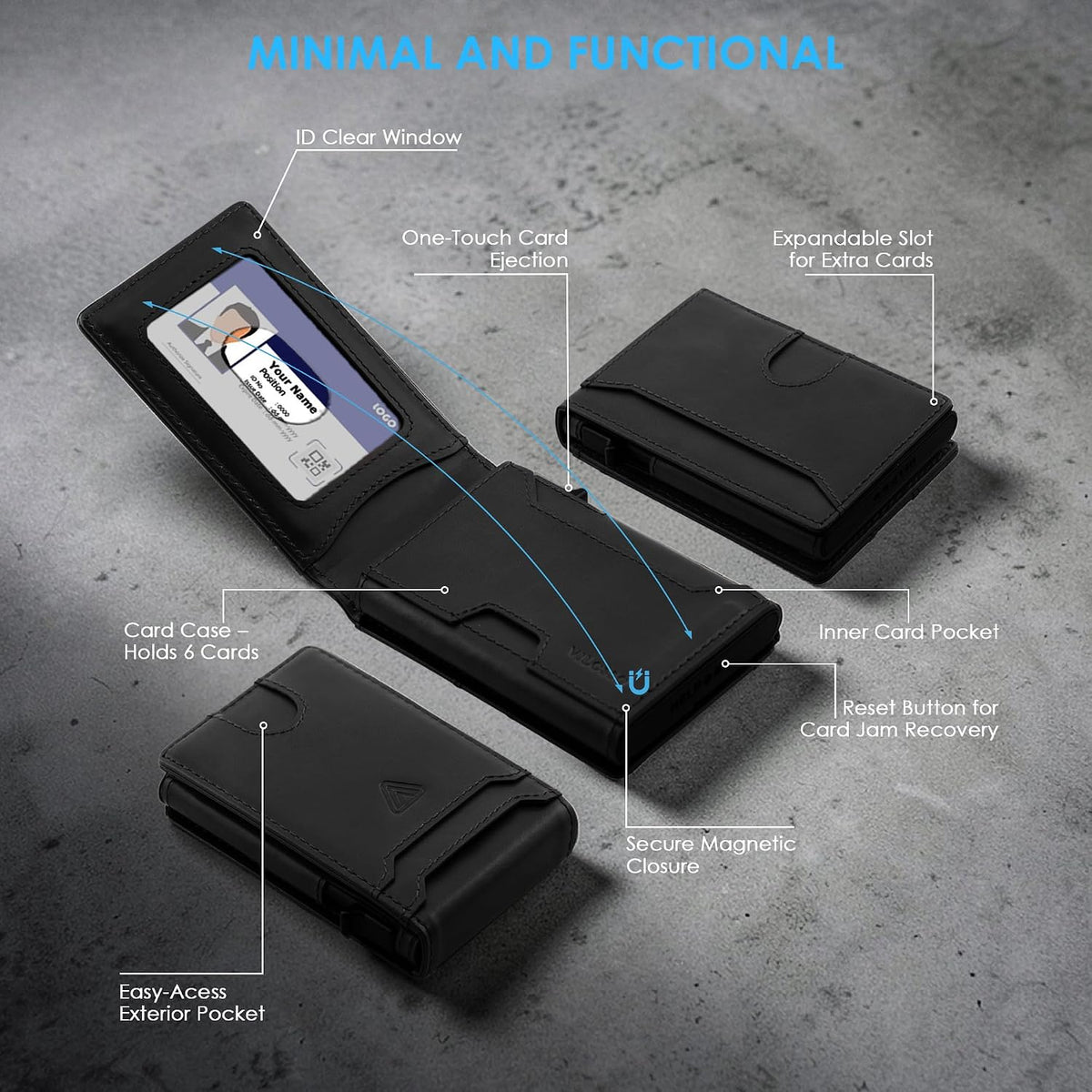 Cartera desplegable de cuero genuino para hombre, soporte delgado y plegable de aluminio con bloqueo RFID, con ventana de identificación, billetera minimalista con bolsillo frontal, con