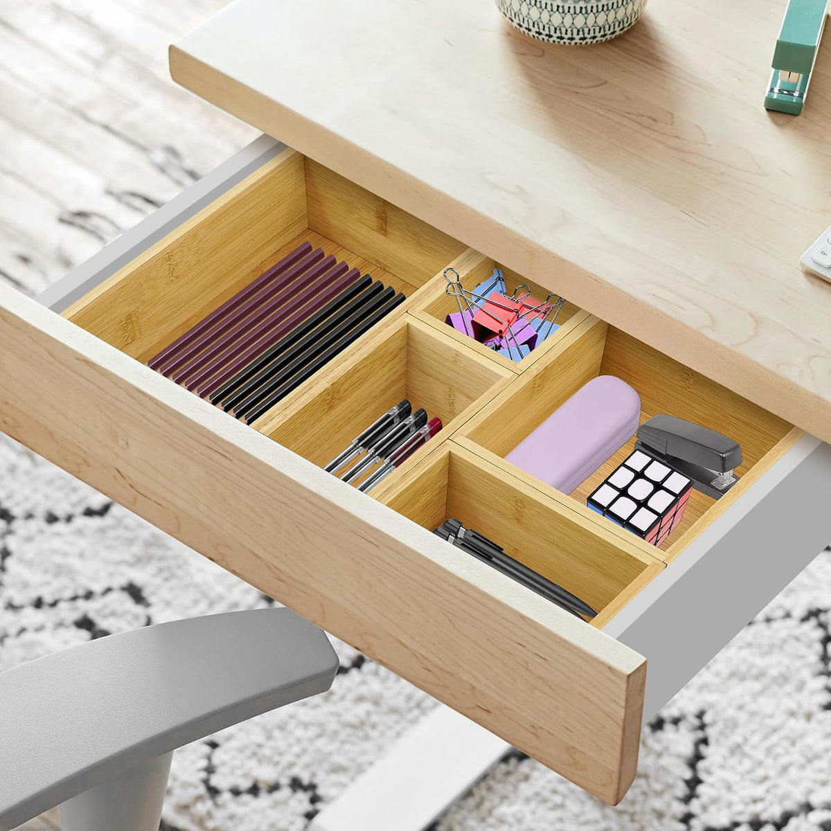 VaeFae Juego de 5 organizadores de cajones de bambú, caja organizadora de 5 tamaños, contenedores de almacenamiento para cocina, baño, oficina, dormitorio y sala de estar