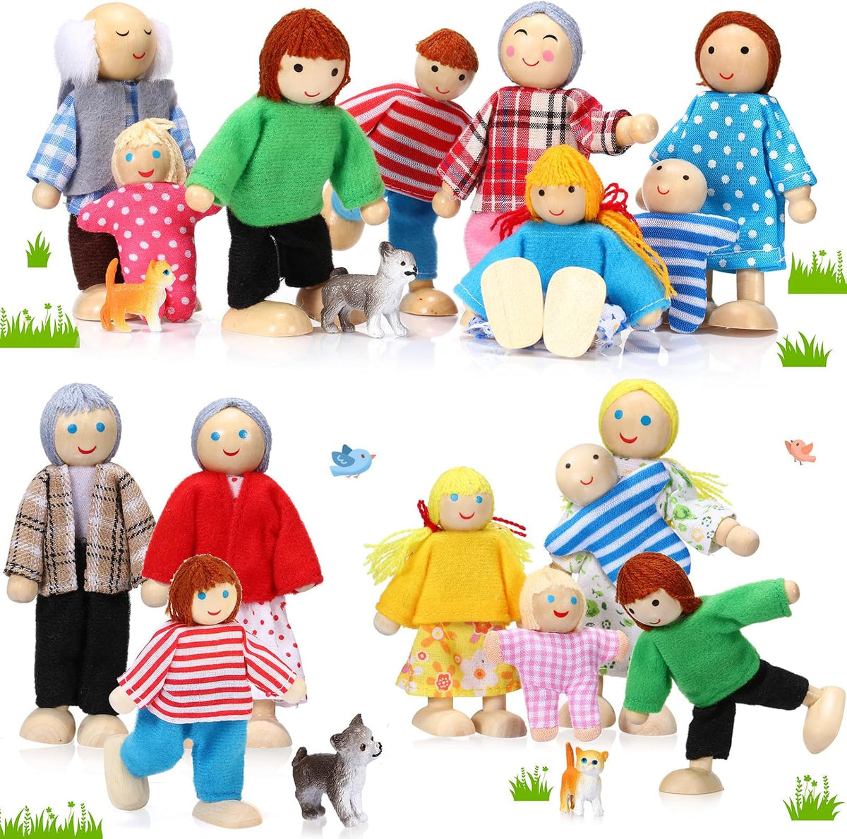 Juego familiar de casa de muñecas de madera de 20 piezas, 16 mini figuras de personas, 4 mascotas, vívido