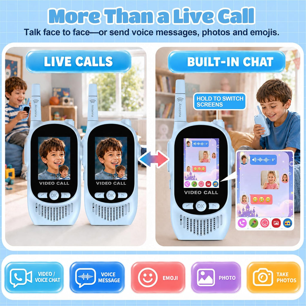Walkie Talkies de video para niños, paquete de 2 juguetes recargables para cámara y pantalla, chat de campamento de largo alcance para interiores y exteriores, radios bidireccionales, regalos de