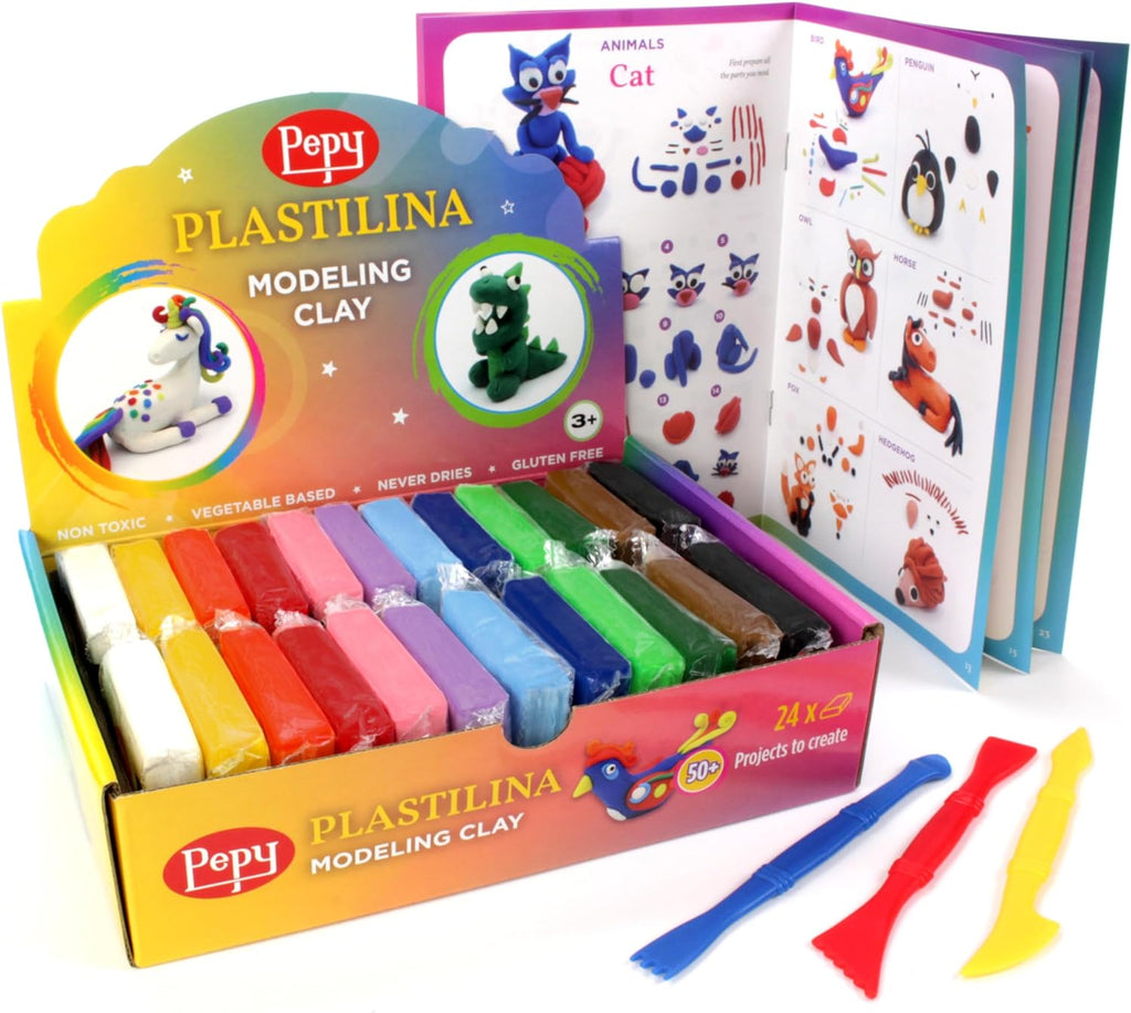 Plastilina - Arcilla de modelado reutilizable y que no se seca, juego de regalo de 24 barras con herramientas de modelado y tutorial, 2 de cada uno de 12 colores, barras de 1.4 oz, perfecta para