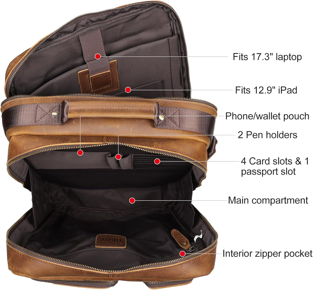 TIDING Mochila para portátil de cuero de grano completo de 17.3 pul...
