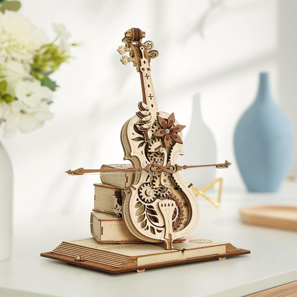 ROKR Rompecabezas 3D para adultos, a escala 1:5, kit de modelo de violonchelo con base, 199 piezas, caja de música de madera, kit de construcción, regalo de escritorio para hombres, mujeres