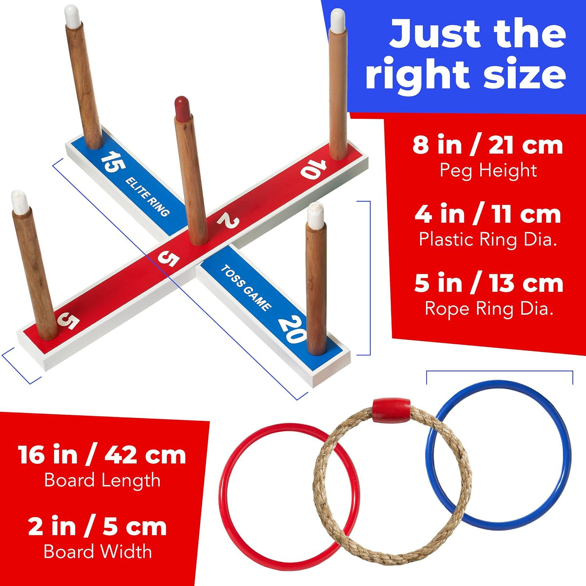 Juego de lanzamiento de anillas Elite para niños para mejorar la coordinación de ojo y mano y motricidad fina. Bolsa de transporte incluida más 10 anillos de plástico extras