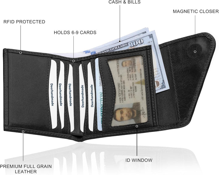 Cartera de cuero de grano completo para hombre, hecha a mano con bl...
