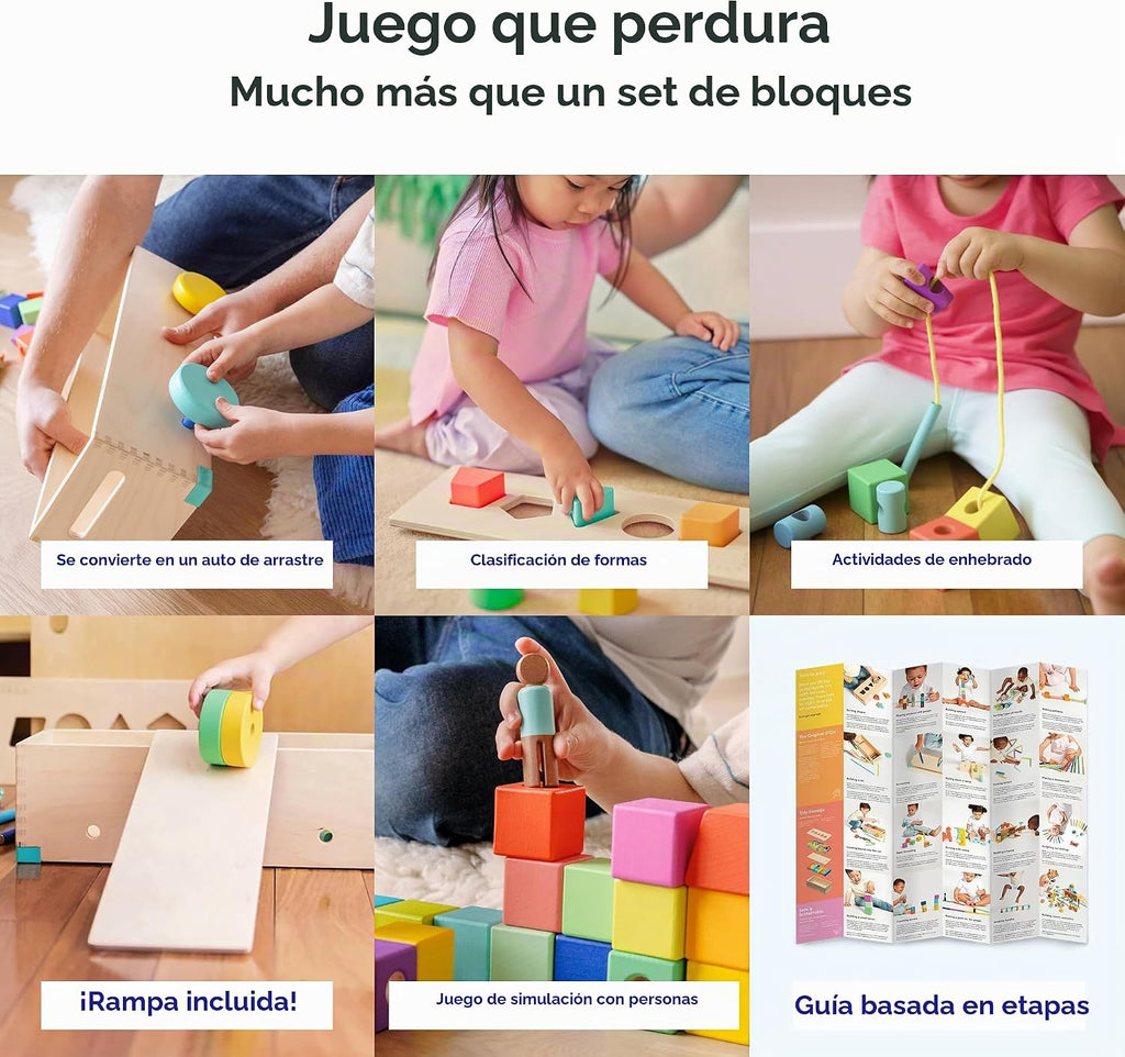 LOVEVERY | El Juego de Bloques | Bloques de Construcción de Madera Maciza y Formas + Caja de Almacenamiento de Madera, 70 Piezas, 18 Colores, Más de 20 Actividades, Juego de Bloques para Niños