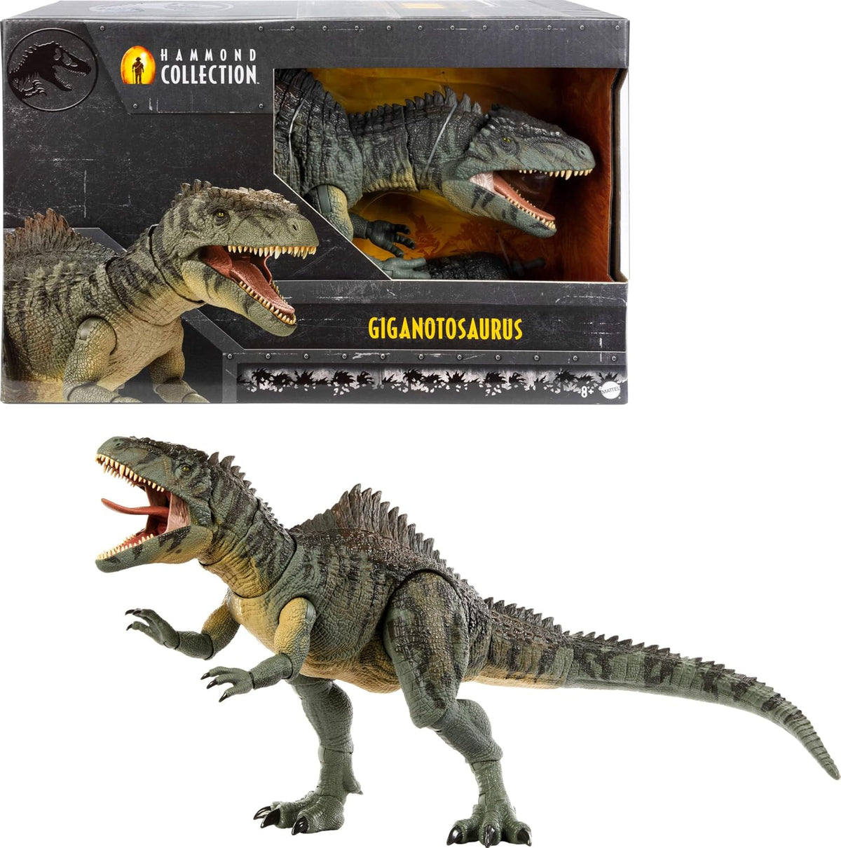 Figura de Dinosaurio Giganotosaurus Colección Hammond de Mattel Jurassic World Dominion, 21 Articulaciones, Ojos de Vidrio, Cola Alambreada y Lengua Posable