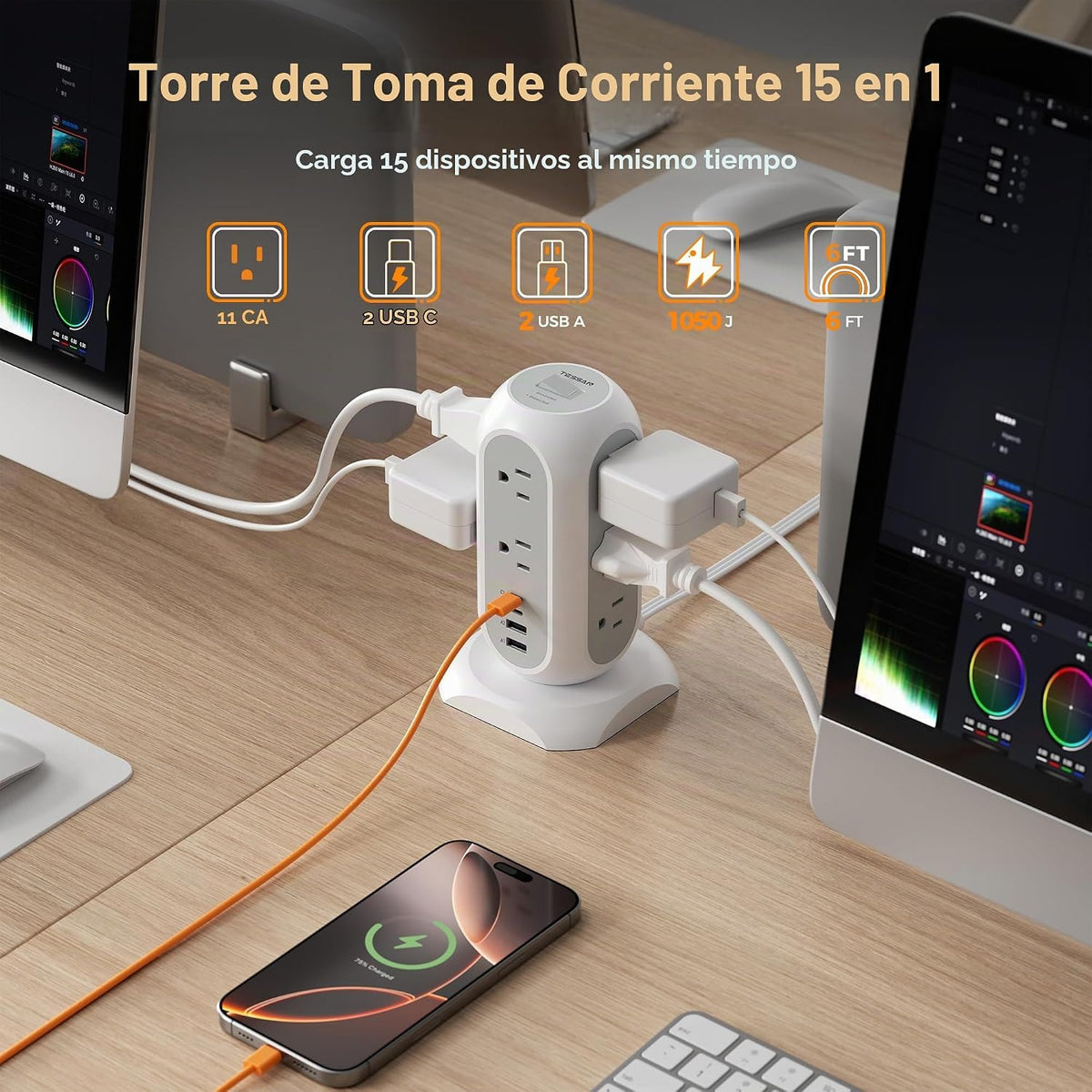 Regleta en torre TESSAN con enchufe plano y protección contra sobretensiones de 1050J, 6 ft, gris