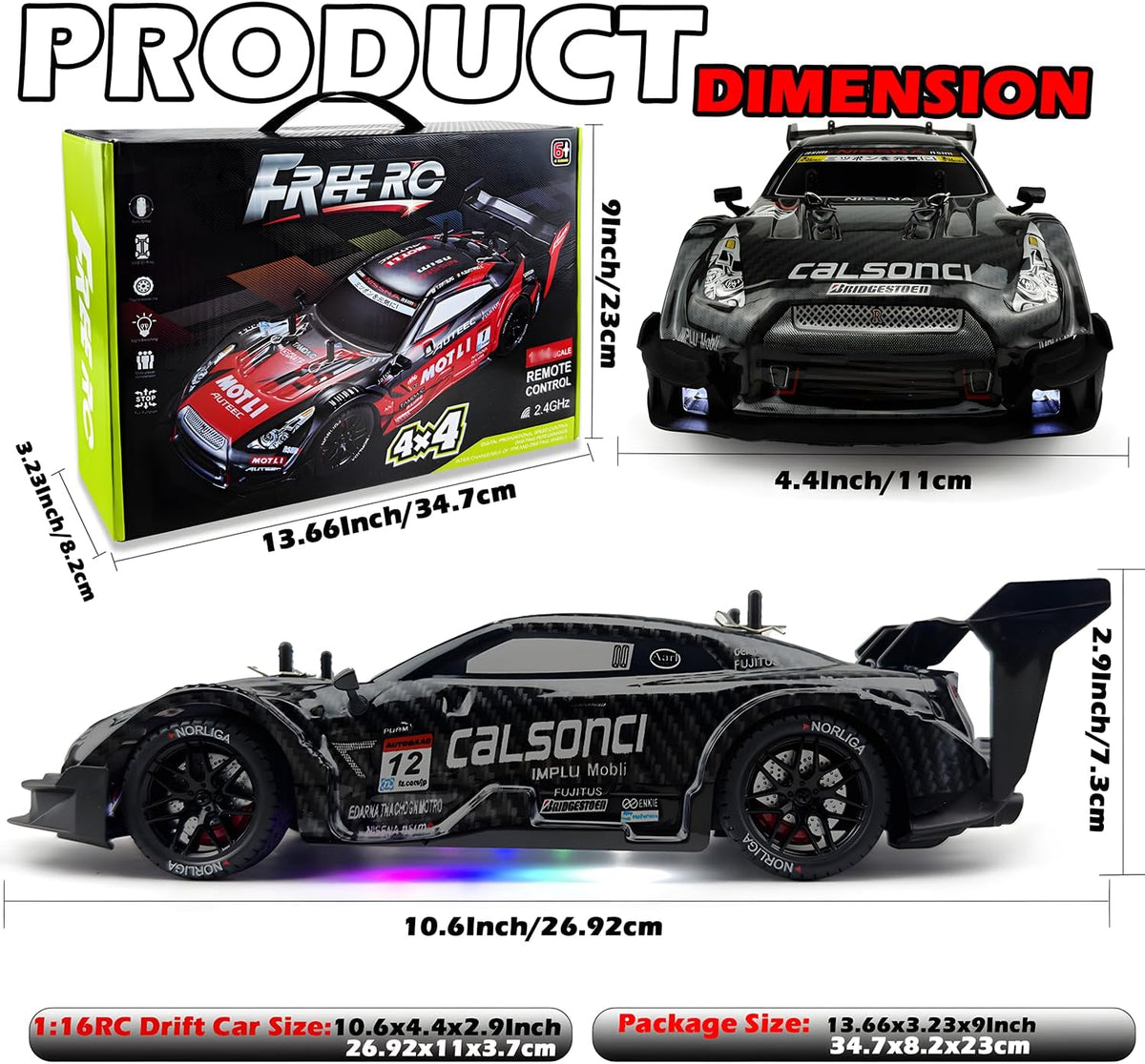 1:16 RC Drift Car 2.4GHz Spray 4WD Luces LED de Alta Velocidad de Control Remoto de 30+KM/H 2 Baterías 60Min Velocidad Variable Indefinidamente Juguetes de Coches de Deriva para Adultos y