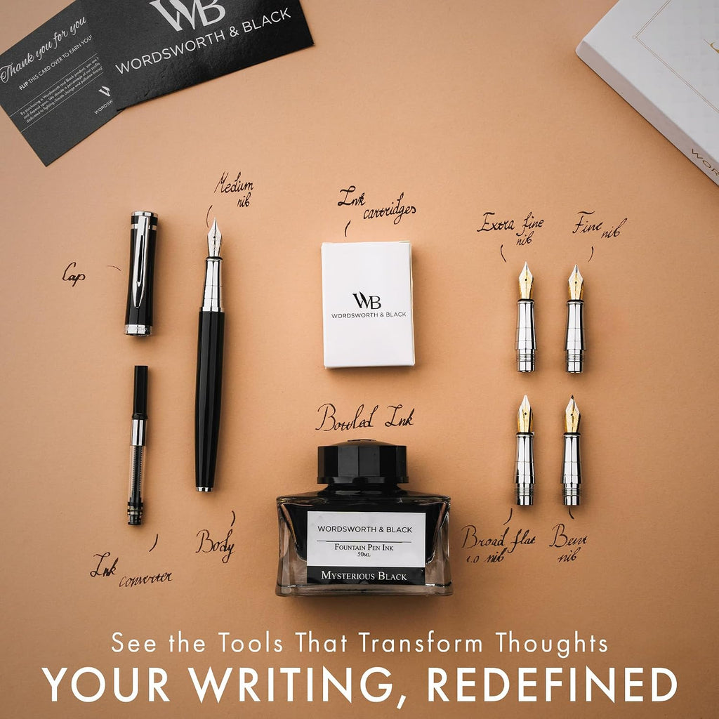 Wordsworth & Black Juego de regalo de pluma estilográfica, incluye botella de tinta, 6 cartuchos de tinta y un convertidor de recarga, 4 plumillas de repuesto, paquete premium, para diario, caligrafía