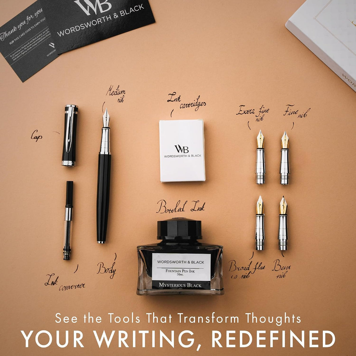 Wordsworth & Black Juego de regalo de pluma estilográfica, incluye botella de tinta, 6 cartuchos de tinta y un convertidor de recarga, 4 plumillas de repuesto, paquete premium, para diario, caligrafía