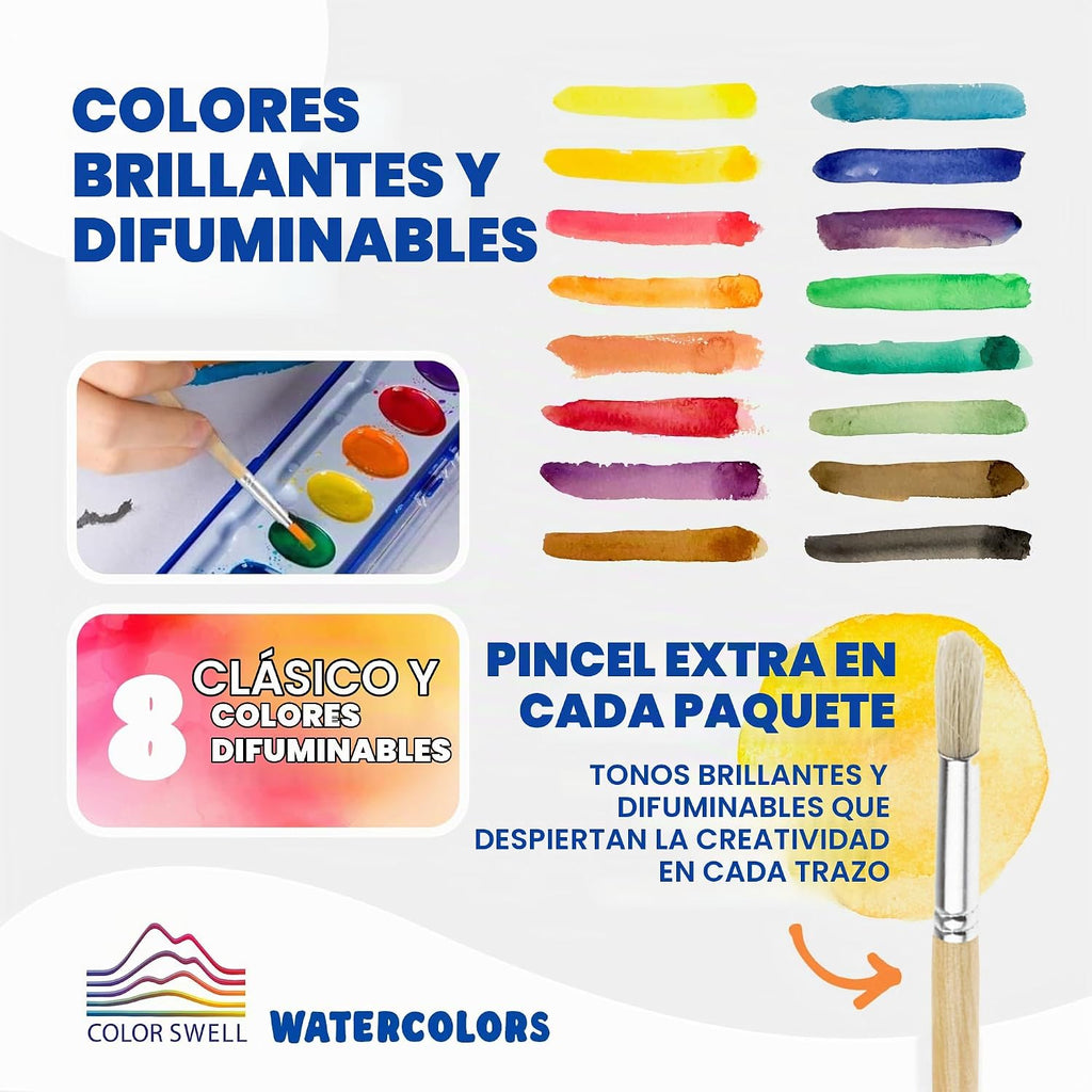 Color Swell Acuarelas a granel de 8 colores con pinceles de madera, paquete