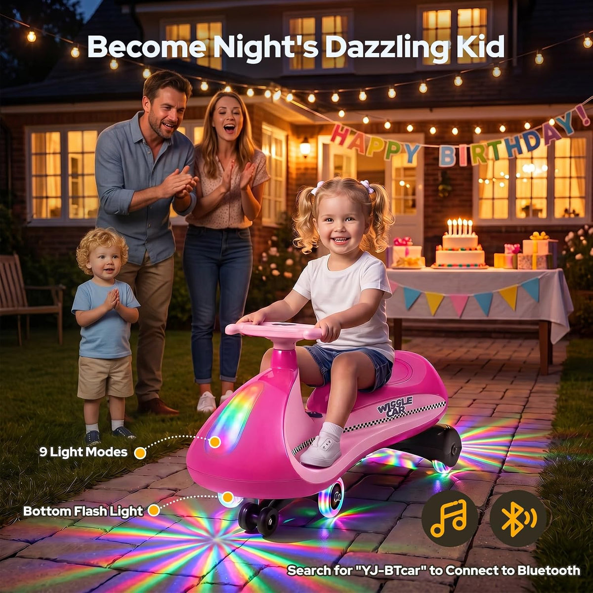 Coche eléctrico de 12 V, Wiggle Car para niños con luz intermitente inferior, 2 velocidades, juguetes de paseo para niños con calcomanía, 9 modos de color, ruedas intermitentes, Bluetooth