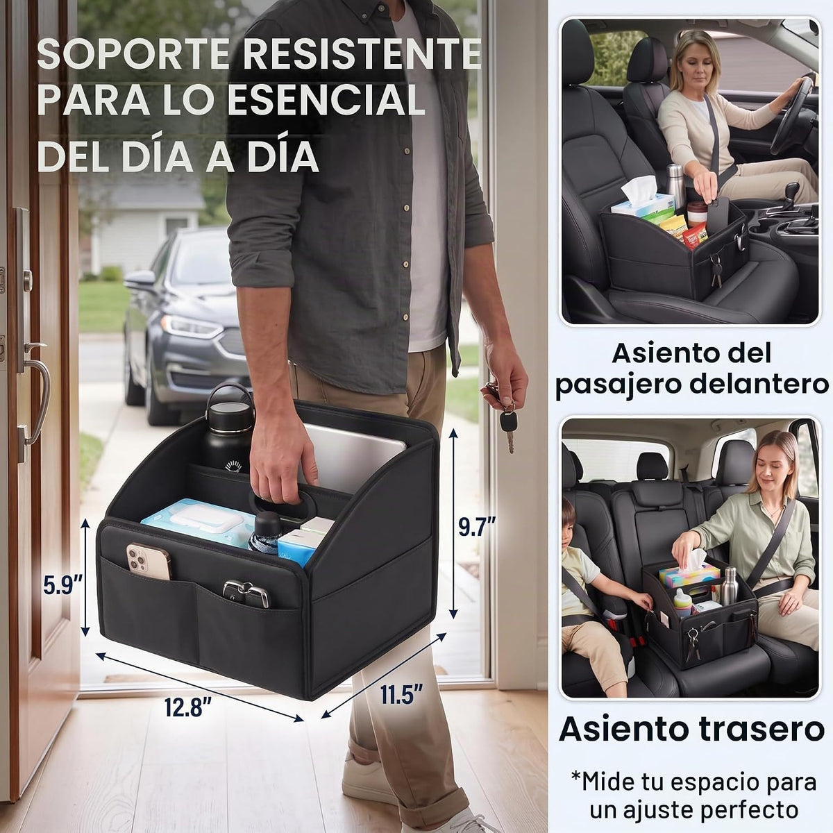 Organizador de Almacenamiento para Coche [ACTUALIZADO 2025] Cesta Caddy de Cuero para Coche para Piso del Asiento Delantero Asientos Traseros Mango de Metal 6 Compartimentos Hebillas de Correas