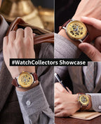ROCOSJEWE Reloj mecánico automático para hombre, reloj de lujo retro esqueletizado dorado correa marrón con cierre de mariposa luminoso y resistente al agua regalo