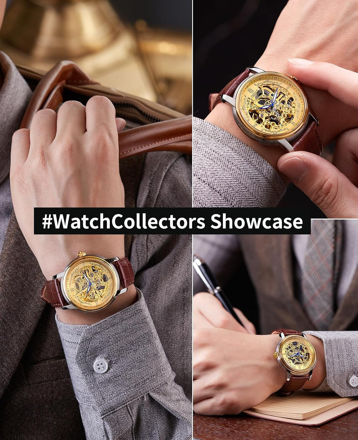 ROCOSJEWE Reloj mecánico automático para hombre, reloj de lujo retro esqueletizado dorado correa marrón con cierre de mariposa luminoso y resistente al agua regalo