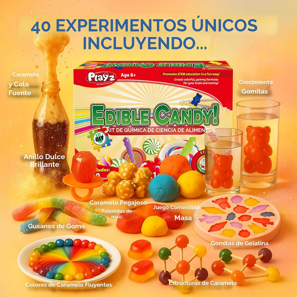 Playz Kit de fabricación de dulces comestibles para niños – Kits de ciencia para niños de 8 a 12 años – Kit de química de ciencia de los alimentos con más de 40 experimentos y más de 21 herramientas para hacer tus propios chocolates y dulces para niños y
