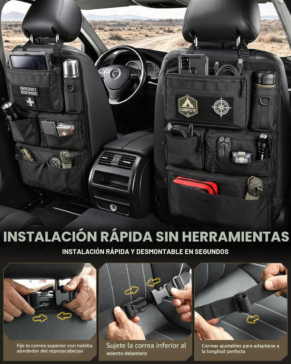 Organizador de respaldo de asiento de automóvil todo en uno que se