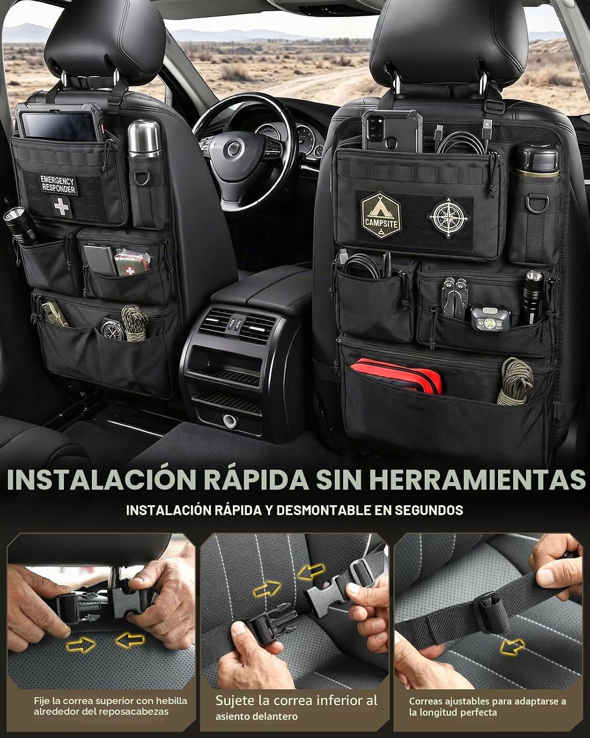 Organizador de respaldo de asiento de automóvil todo en uno que se