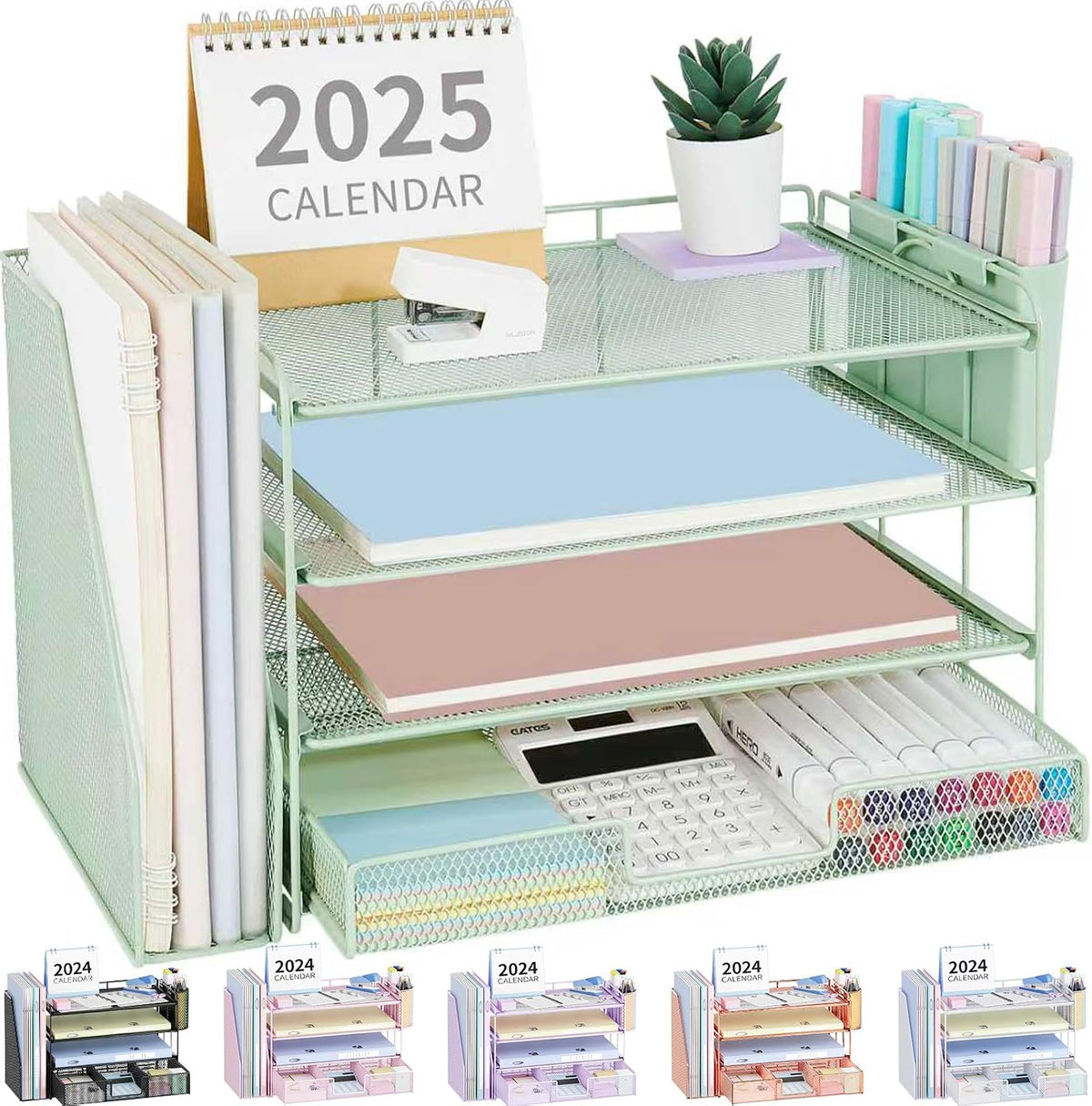 Organizador de escritorio, organizador de archivos de escritorio de 4 niveles con cajón y soportes para bolígrafos, accesorios de escritorio de oficina, clasificadores de archivos, organizadores de espacio de trabajo para suministros de oficina (verde)
