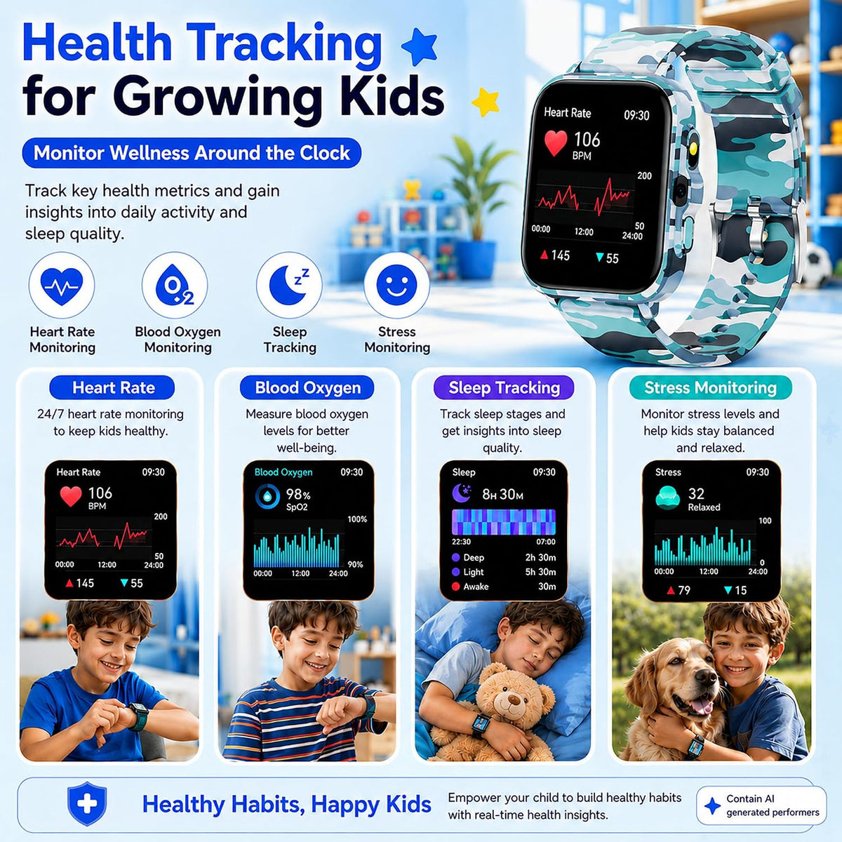 Reloj inteligente para niños de 5 a 12 años, juegos de funciones Ai con pantalla táctil HD, con cámara de video, reproductor de música, podómetro, ritmo cardíaco, rastreador de sueño, regalos de Navidad y cumpleaños para niños (camuflaje, 1.85 pulgadas)