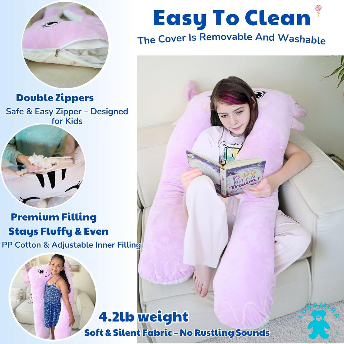 Axolotl - Almohada corporal para niños, 47 pulgadas, almohada de felpa suave de felpa larga en forma de U para niños, dormir, leer, TDAH y necesidades especiales, comodidad, ansiedad, funda lavable, acurrucarse divertido para niños y niñas