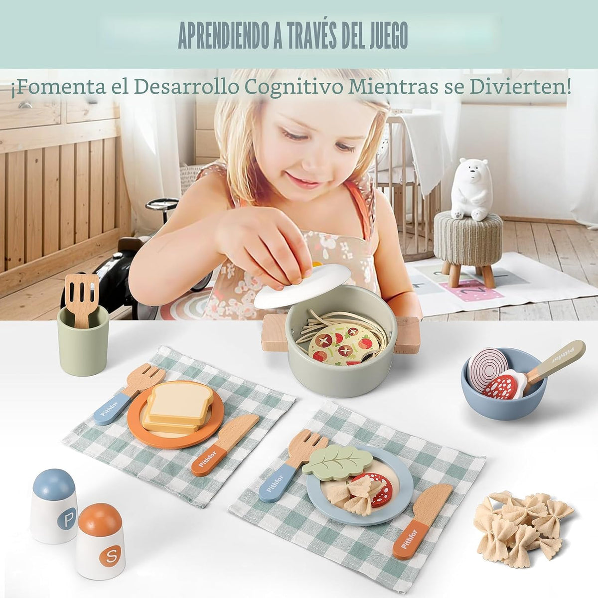 Juego de cocina de madera, juguetes de accesorios de cocina de simulación para niños y niños pequeños, incluye platos de juego, olla y sartén, utensilios, regalos para niñas y niños de 3, 4