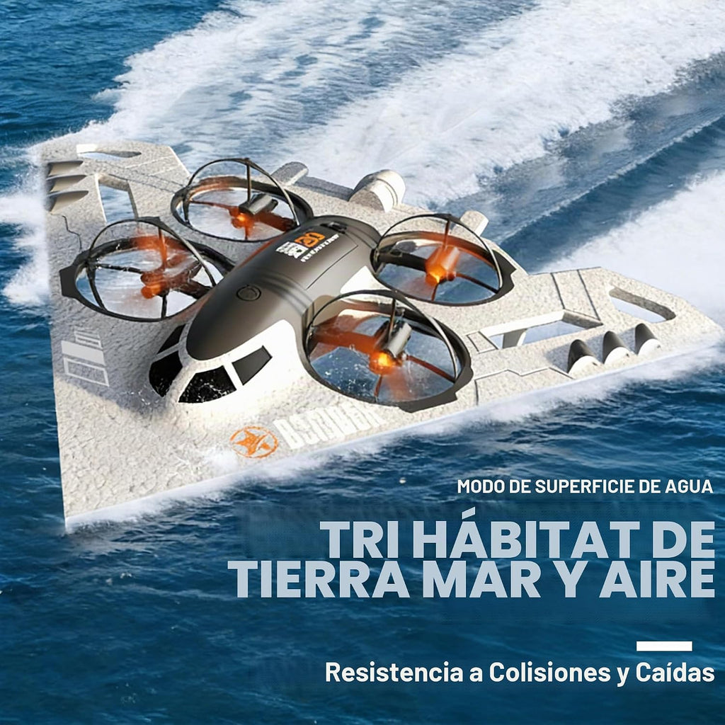 Drone RC 3 en 1 para Land Sea Air, avión de control remoto H20 con luces frías, giro de 360°, 3 modos de conducción y protección contra colisiones, juguete de espuma RC Drone regalo para niño y niña, plateado