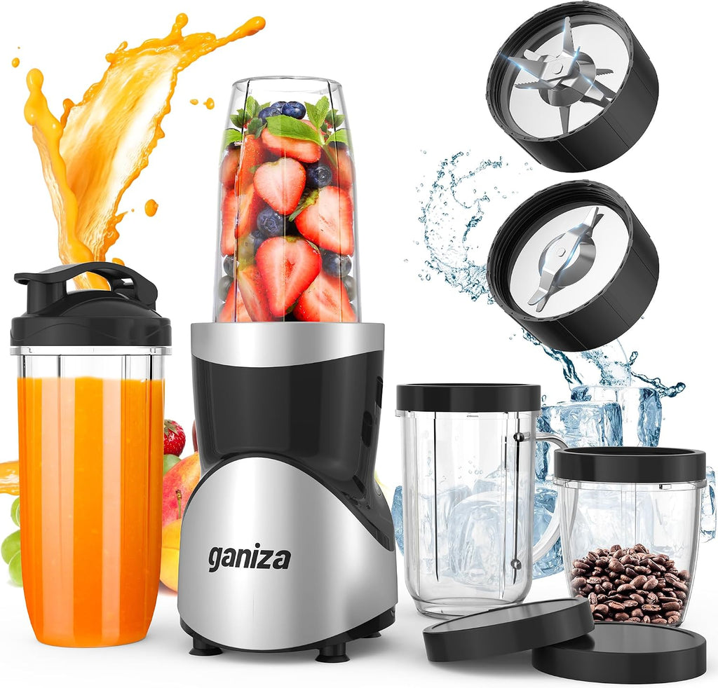 Ganiza Licuadora para Batidos, licuadora de 900W para batidos y licuados, Combo de licuadora personal y molinillo de 15 piezas para cocina, batidora de licuados con 4 tazas portátiles libres de BPA