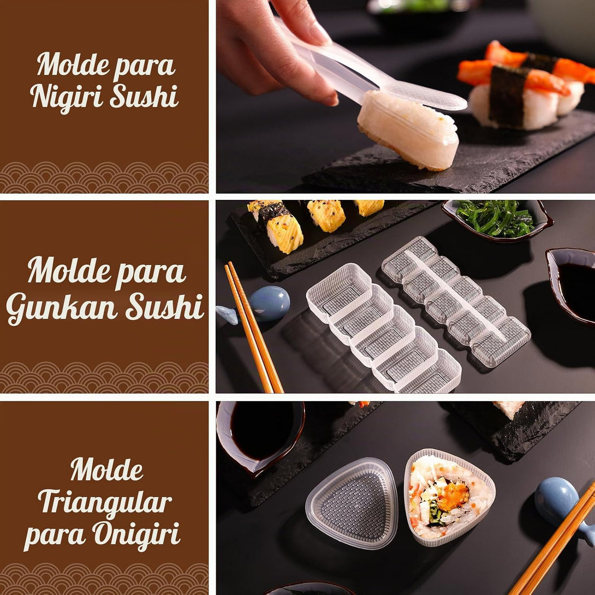 Delamu Kit de fabricación de sushi, kit de rodillo de bazooker 22 en 1 con alfombrillas de bambú, cuchillo de chef, molde de arroz para sushi triángulo/nigiri/gunkan, palillos, platos de salsa, esparcidor de arroz, guía del usuario (idioma español no