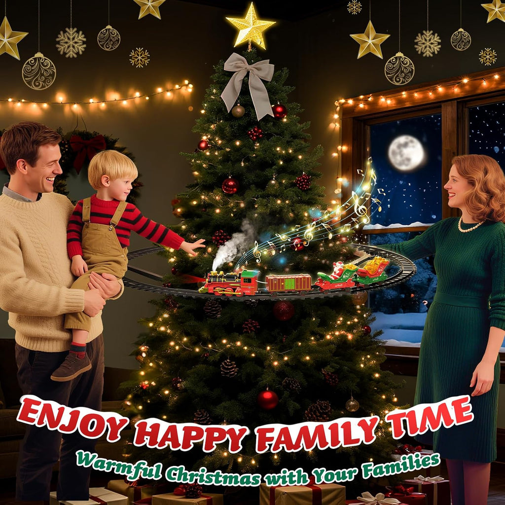 Juego de tren de Navidad colgante con luz/humo/sonido/música, juego de tren de juguete alrededor debajo del árbol de Navidad, regalo de juguetes de Navidad con Papá Noel, juego de tren de árbol de Navidad para niños de 3-5, 4-8