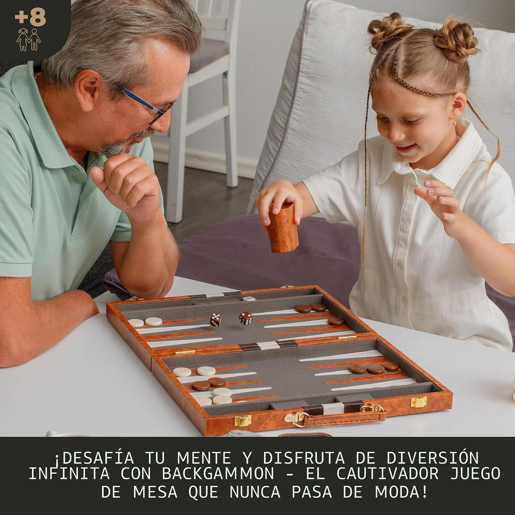 Juegos de Backgammon Grandes para Adultos - Juegos de Mesa Clásicos para 2 Jugadores Adultos y Niños - Juego de Backgammon Premium Tablero de 15 Pulgadas y 32 Piezas de Backgammon en Estuche de Cuero