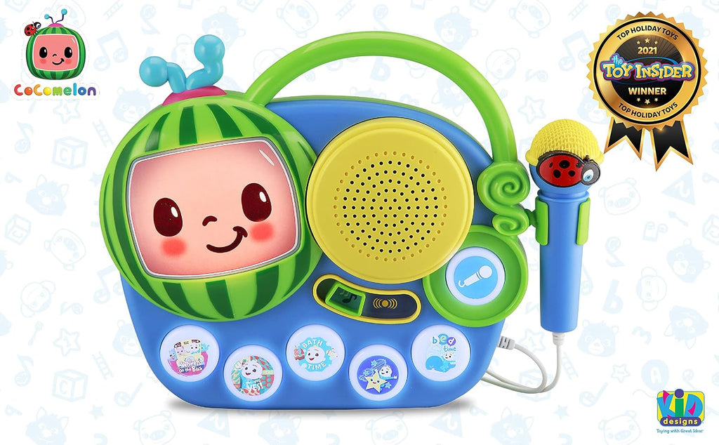 eKids Cocomelon Juguete Singalong Boombox con micrófono y música incorporada, juguetes para niños pequeños para fanáticos de los regalos de Cocomelon