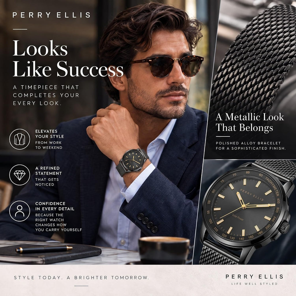 Perry Ellis Reloj para hombre con energía solar | Correa de malla de acero | Relojes de pulsera analógicos resistentes al agua para hombre | Caja de 43mm | Bisel de tacómetro de aluminio | Elegante