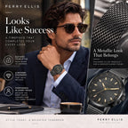 Perry Ellis Reloj para hombre con energía solar | Correa de malla de acero | Relojes de pulsera analógicos resistentes al agua para hombre | Caja de 43mm | Bisel de tacómetro de aluminio | Elegante