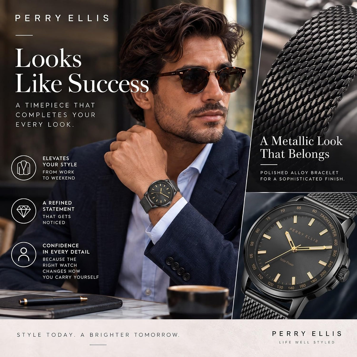 Perry Ellis Reloj para hombre con energía solar | Correa de malla de acero | Relojes de pulsera analógicos resistentes al agua para hombre | Caja de 43mm | Bisel de tacómetro de aluminio | Elegante
