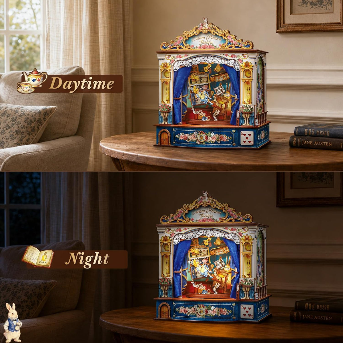 CUTEBEE Kit de rincón de libro, kit de casa en miniatura para adultos, decoración de estantería de libros de casa de muñecas, rompecabezas de madera 3D (Dreamscape Adventure&Dream Parade Theatre)