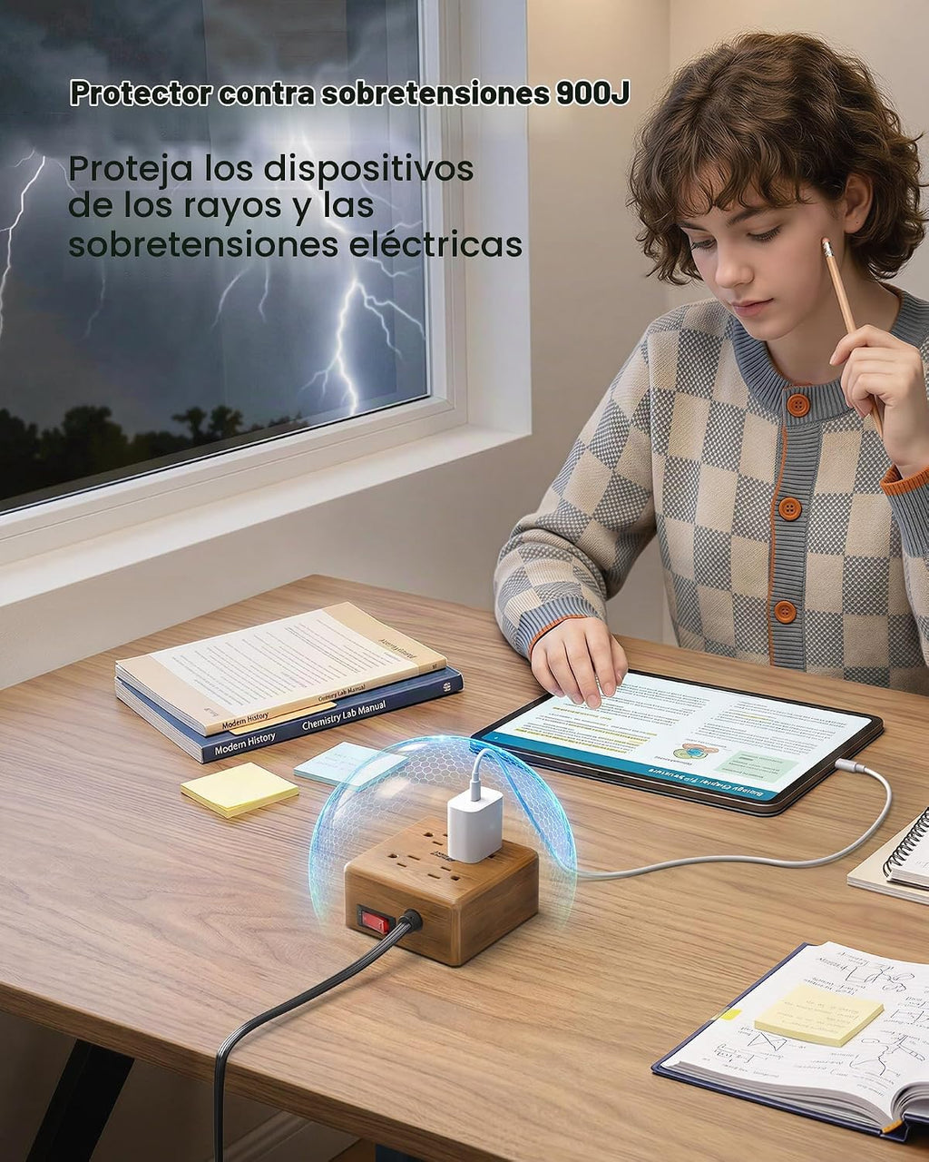 SUPERDANNY - Enchufe múltiple con protector de subida de tensión, cable de extensión de escritorio con 4 salidas muy espaciadas y 4 puertos USB inteligentes, estación de carga portátil para el hogar