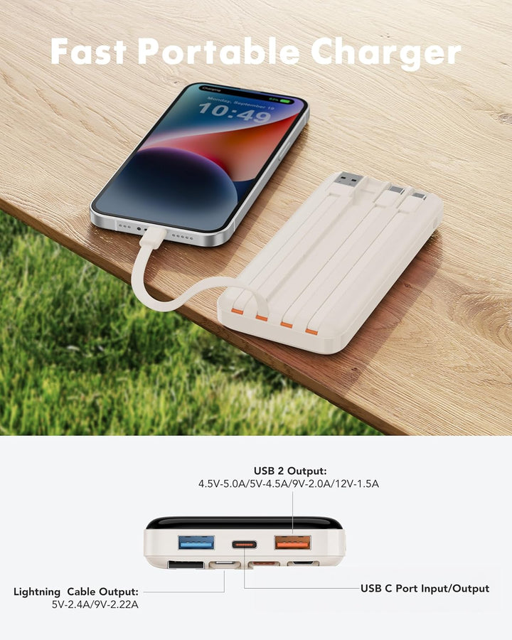 charmast Cargador portátil de 20000 mAh con cables integrados, carg...
