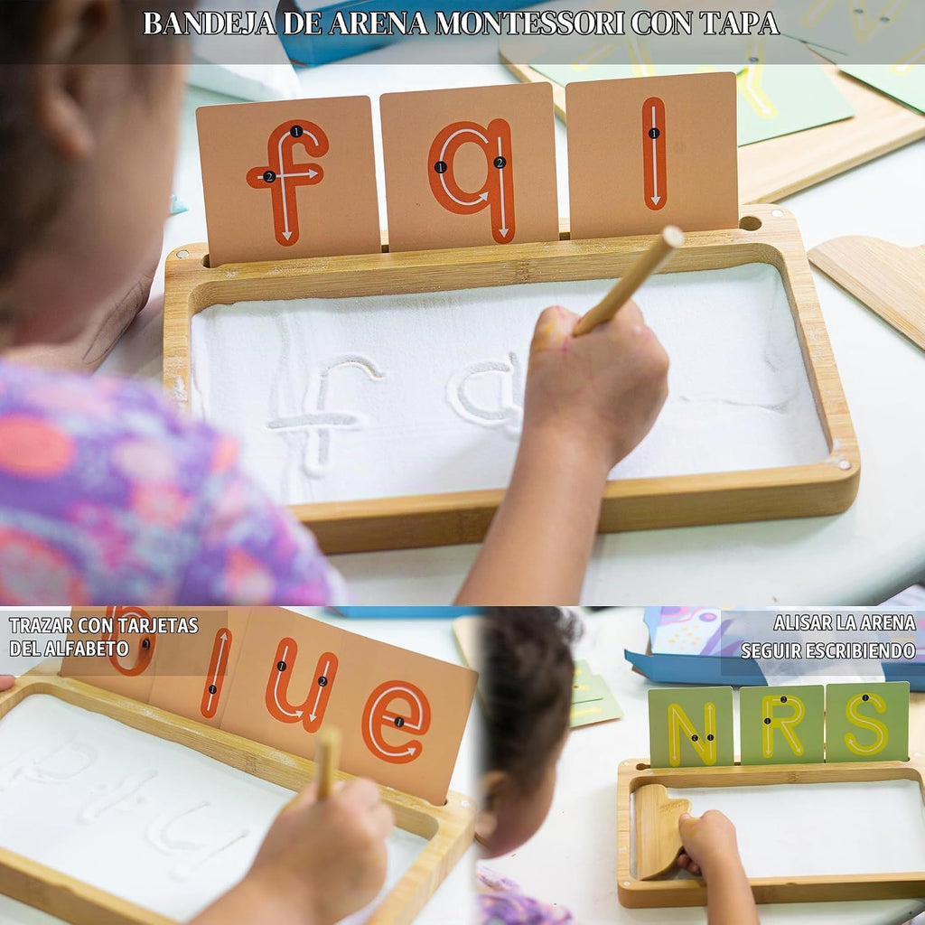 AtMini Bandeja de arena para el aula, bandeja de arena Montessori de madera con tapa para niños que escriben letras y números, imprescindible para el aula preescolar