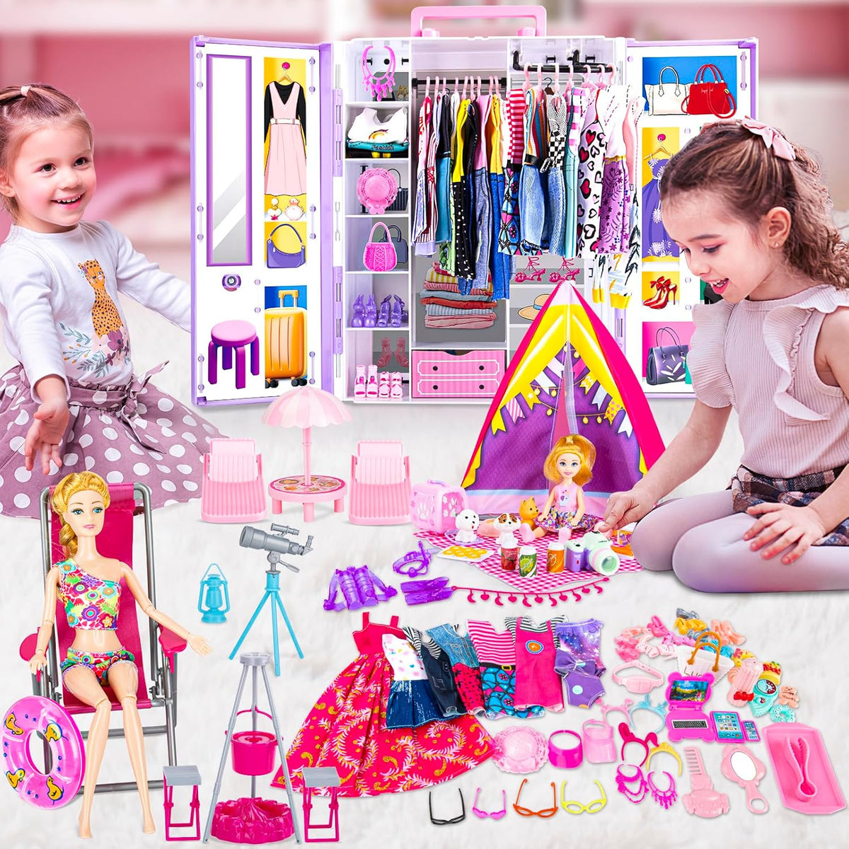 Armario de muñecas de 164 piezas con juego de ropa y accesorios