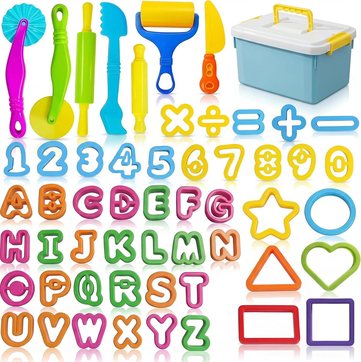 Juego de 55 herramientas para masa de alfabeto y números, kit de juego de arcilla para niños con rodillos, cortadores geométricos y moldes de letras, accesorios de modelado para aprendizaje creativo