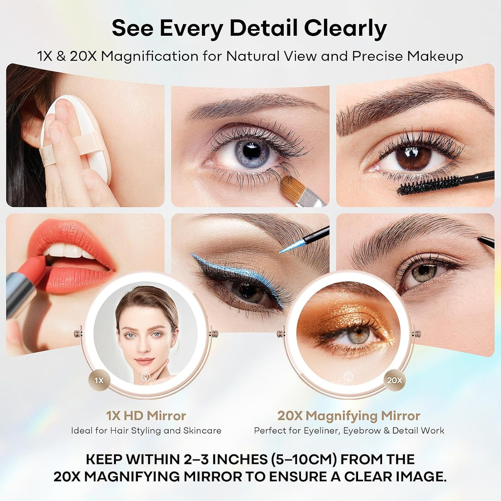 Dienmern Espejo de maquillaje, espejo de tocador recargable 1X/20X con