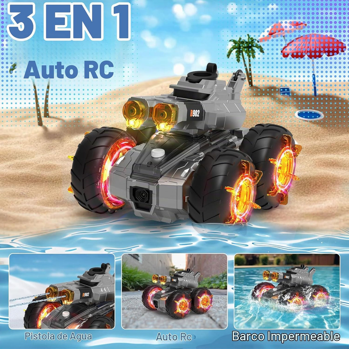 Auto RC anfibio con pistola de agua, juguetes de piscina de agua de verano, vehículo de acrobacias a control remoto impermeable para niños a partir de 8 años, con detección de gestos, autos de