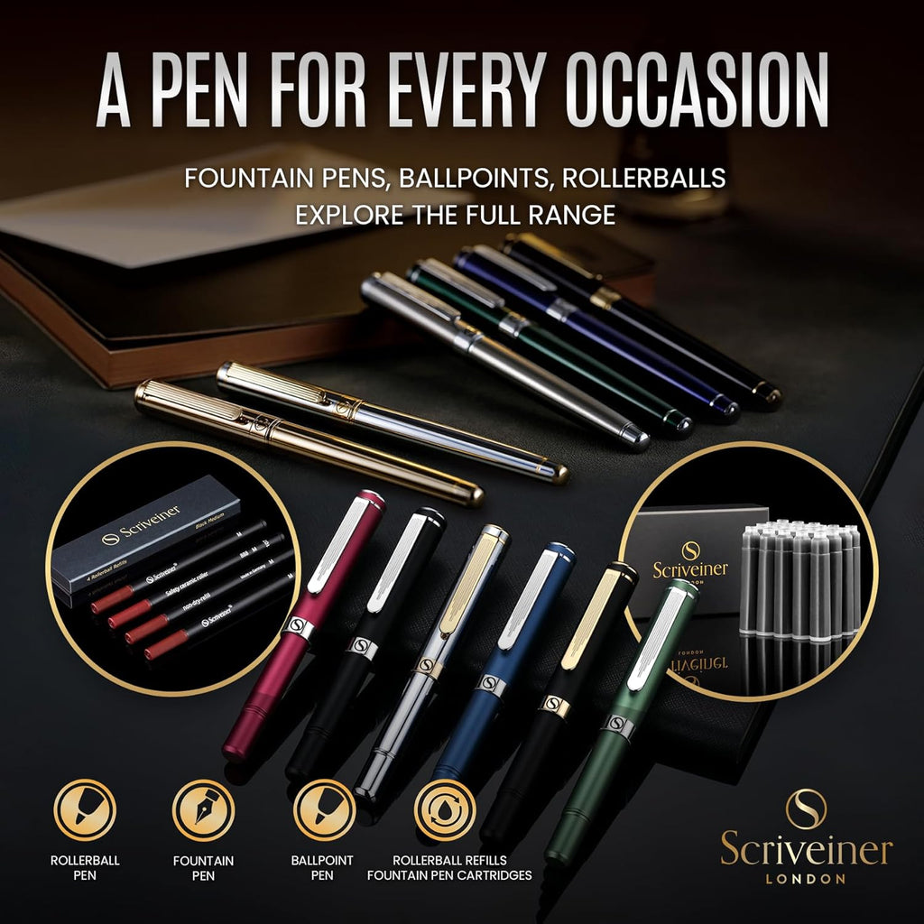 Scriveiner - Pluma fuente Deep Crimson Rojo – Impresionante pluma de lujo con acabado cromado, punta Schmidt (mediana), el mejor juego de regalo para hombres y mujeres, profesionales, ejecutivos, oficina, elegantes plumas fuentes