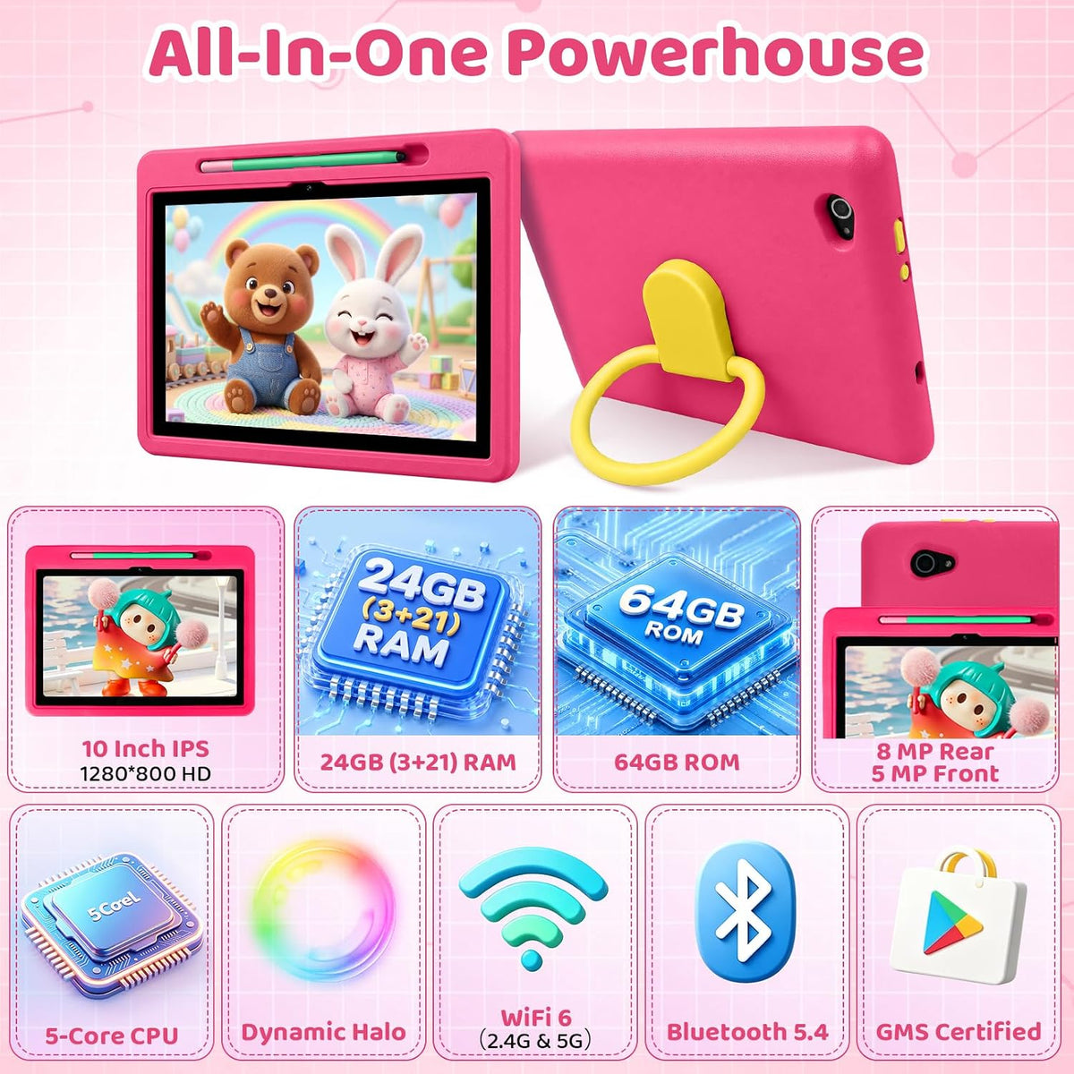 Android 16 Kids Tablet HD de 10 pulgadas con lápiz capacitivo y funda, 24