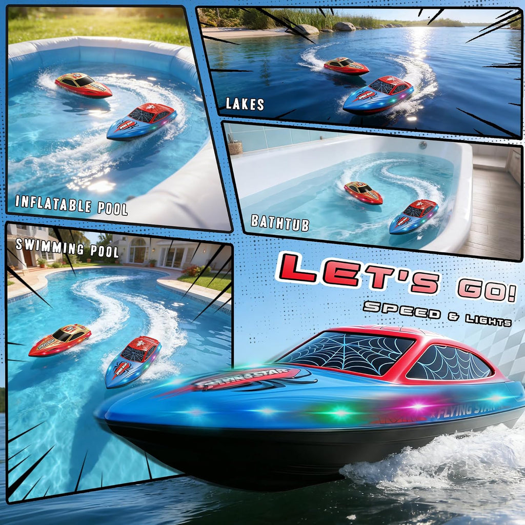 FLYING STAR Paquete de 2 barcos de control remoto de 13 pulgadas para niños, 2 baterías, barco de carreras RC de 2.4 GHz con luces LED para piscinas y lagos, juguete de agua de verano para niños de 8