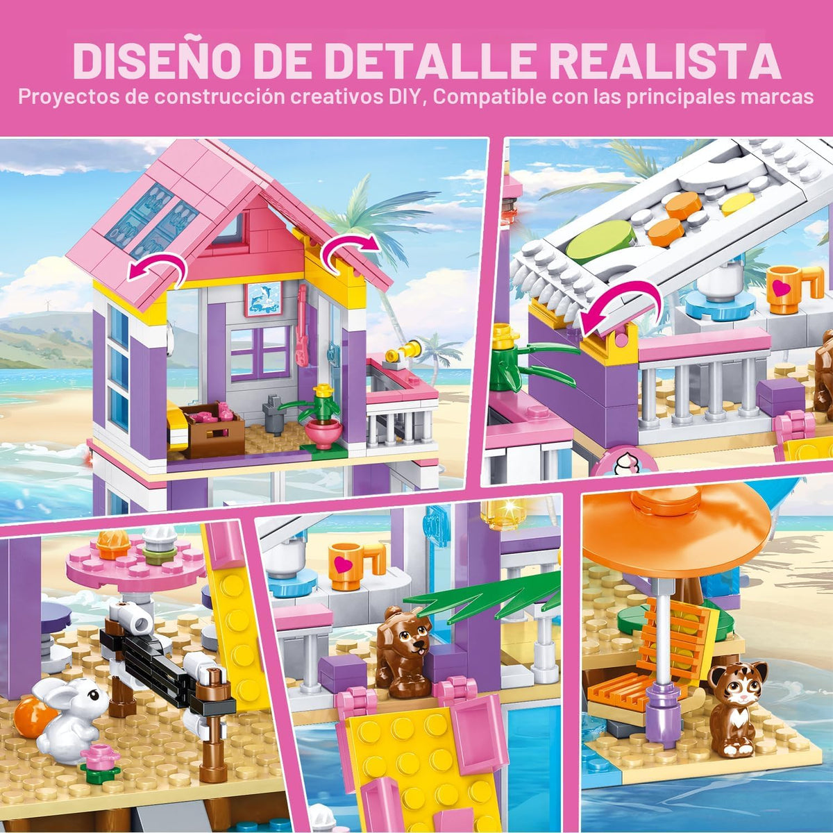 Juego de construcción de casa de playa de 955 piezas, juguetes de construcción de villas junto al mar, juego de bloques de choza de vacaciones, juguetes de construcción STEM con helicóptero, yate, velero, regalo de cumpleaños de Navidad para niñas de 6 a