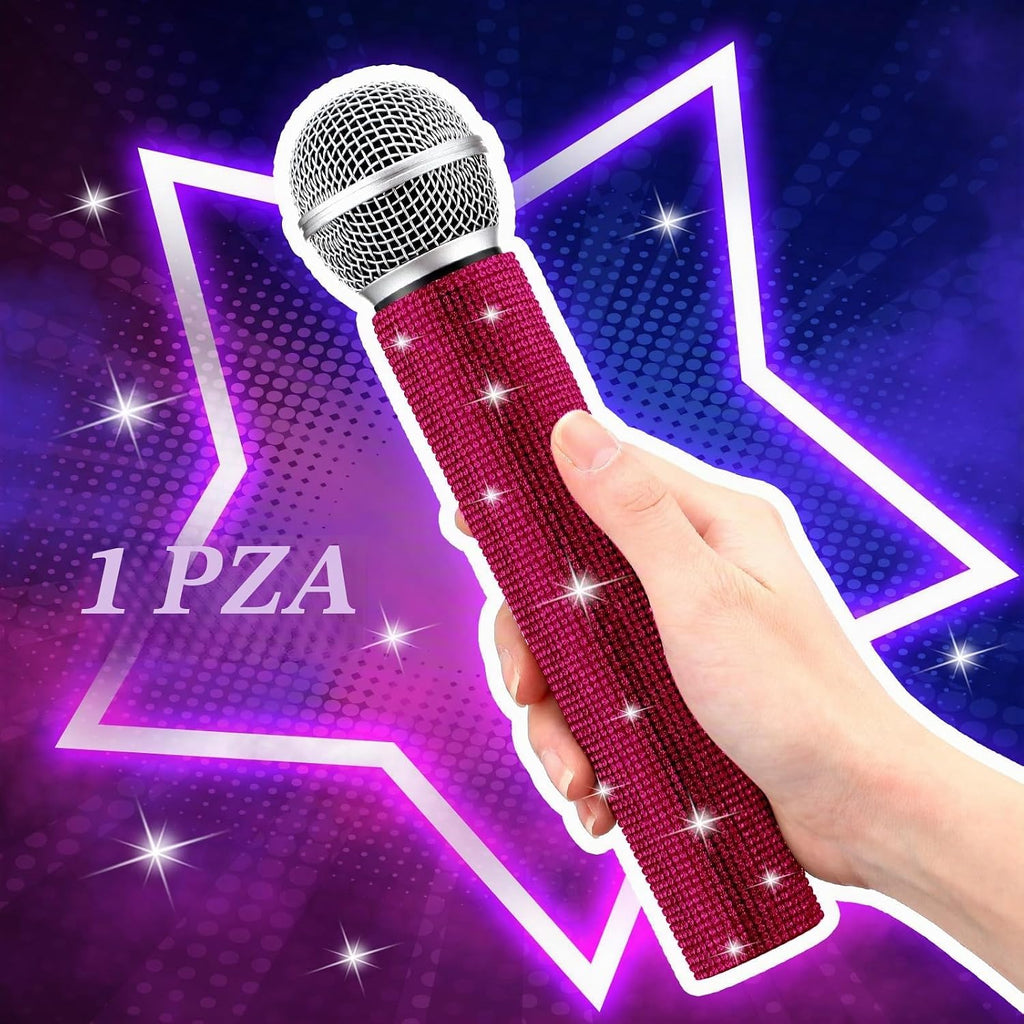Micrófono falso con diamantes de imitación brillantes, micrófono de juego de plástico con purpurina para disfraz de fiesta de cosplay (rosa oscuro)