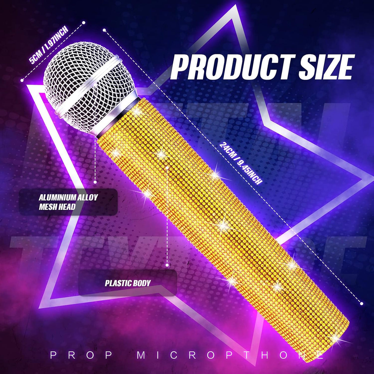 Micrófono Falso de Apoyo con Brillantina y Rinstones de Cristal de Rinoplástico para Jugar, Micrófono de Pretensión con Purpurina y Adornos para Cosplay, Traje de Fiesta (Dorado)